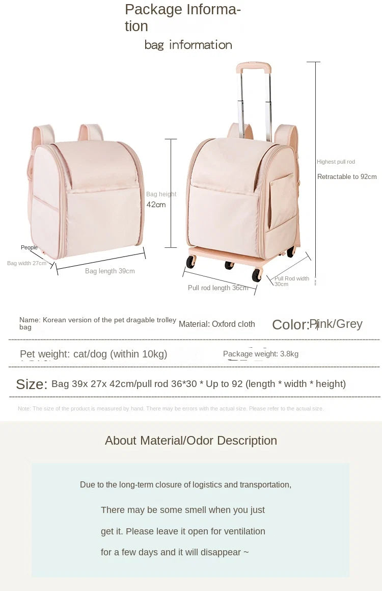 pet trolley backpack size specification showing 39 by 27 by 42 cm carrier and retractable handle dimensions