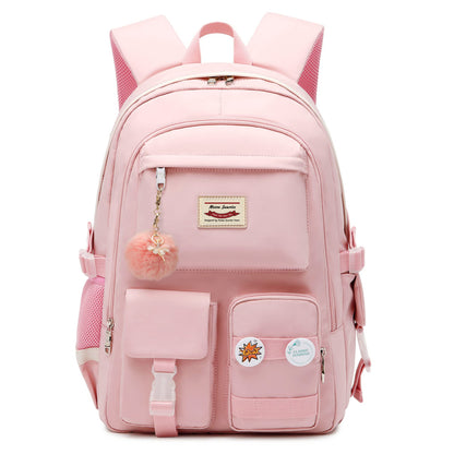 pink campus laptop backpack with matching fur ball accessory and multiple storage pockets