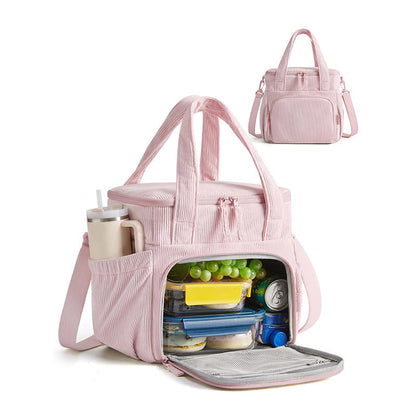 pink corduroy dual-layer lunch bag with front-opening insulated compartment top handles shoulder strap and side bottle pocket