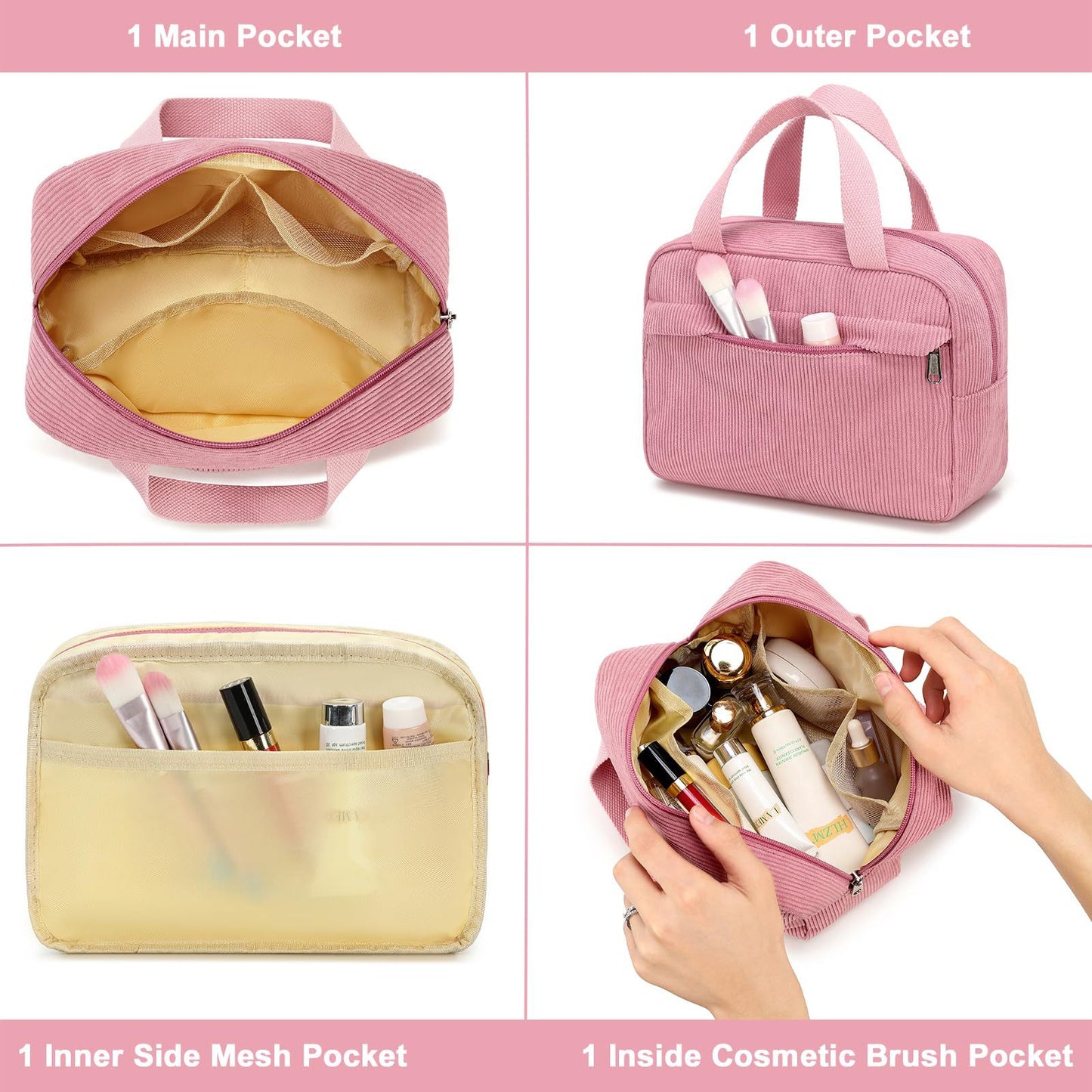 pink corduroy makeup bag with inner brush pocket and compartments