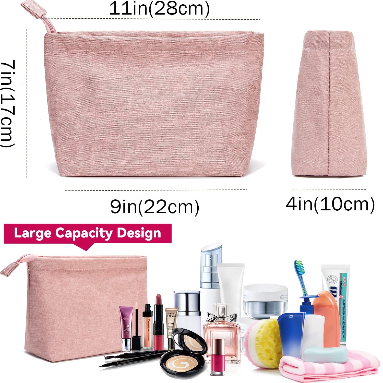 pink custom cosmetic bag with personalized dimensions