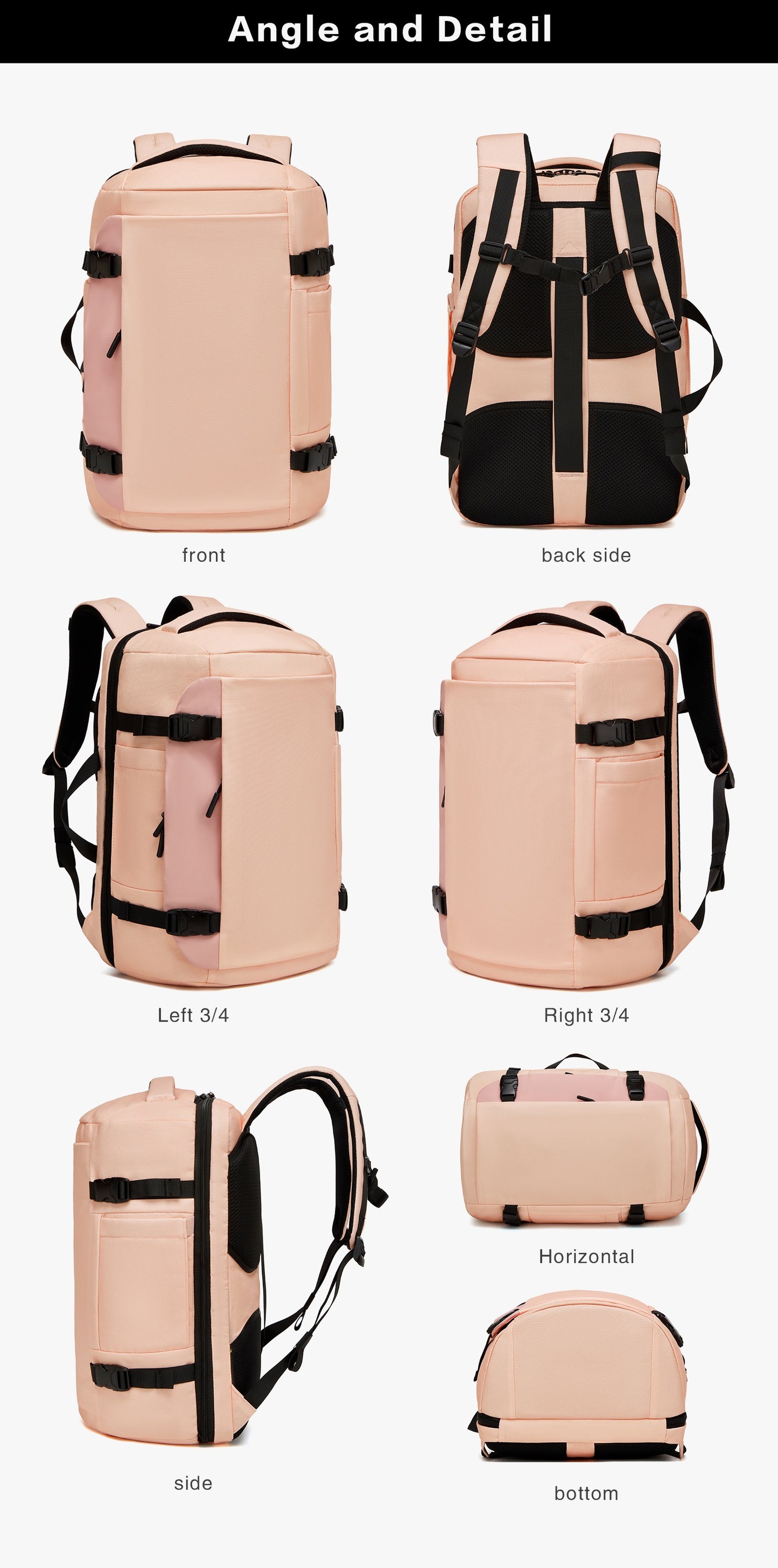 pink custom travel backpack angle view with adjustable straps and zipper closure