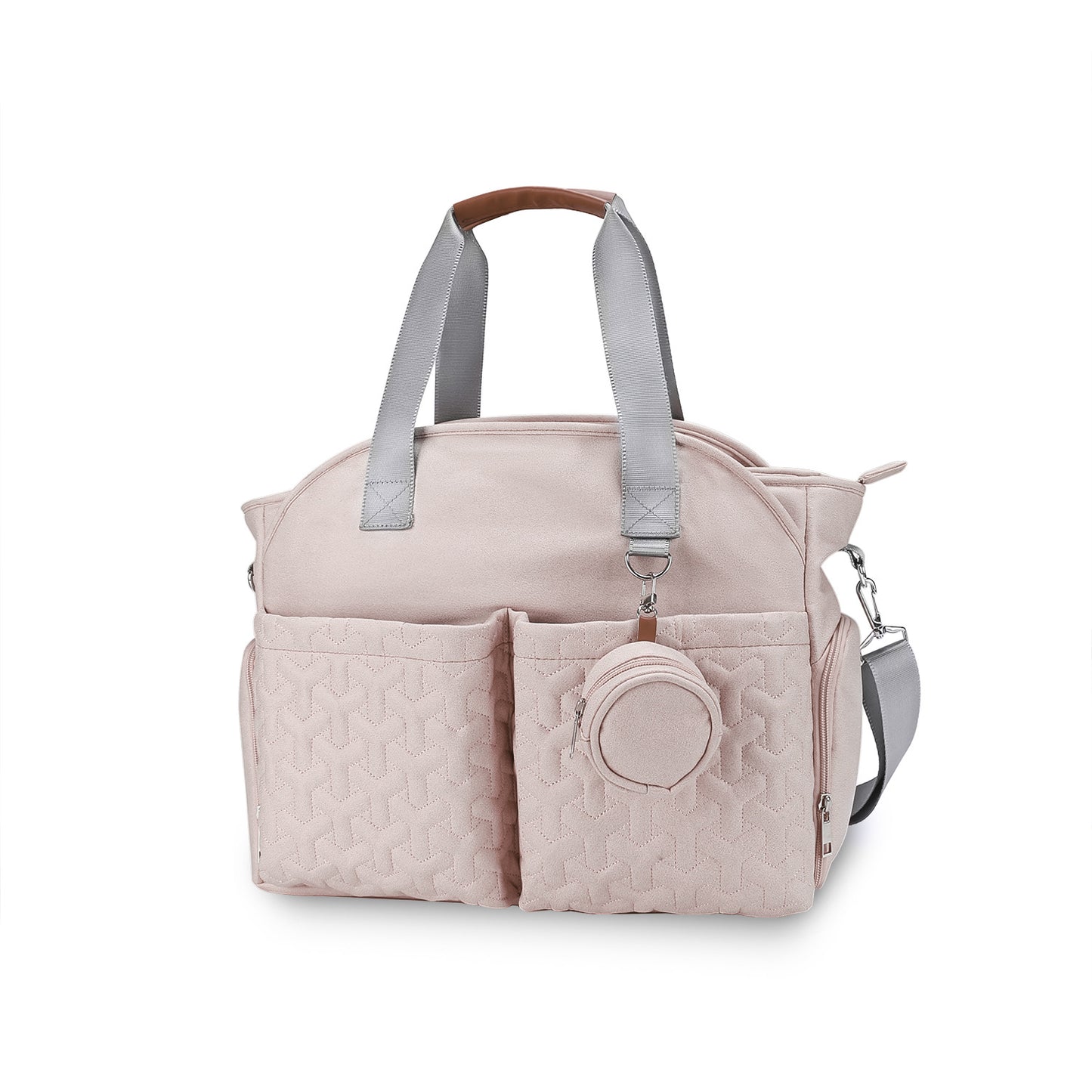 Pink diaper tote bag with breast pump compartment and stroller straps
