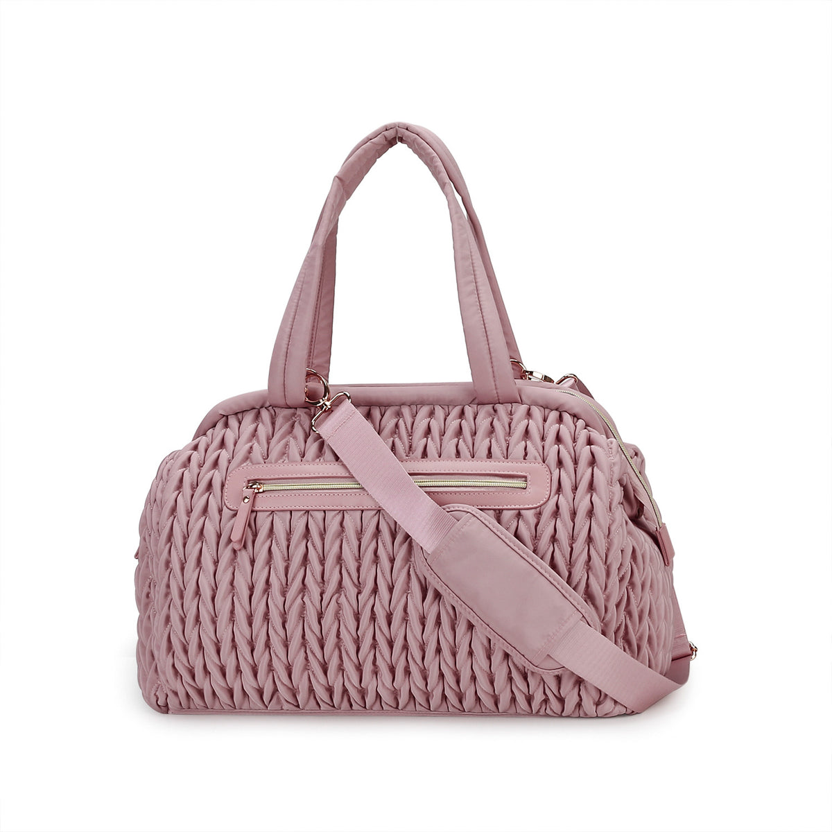 pink dome shaped quilted diaper tote with detachable padded crossbody shoulder strap