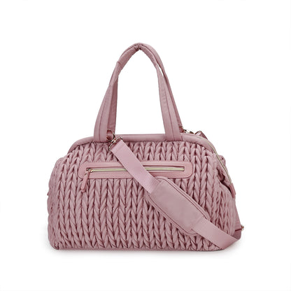 pink dome shaped quilted diaper tote with detachable padded crossbody shoulder strap