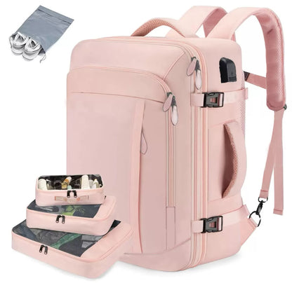 pink expandable carry on travel backpack with organized storage compartments