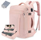 pink expandable carry on travel backpack with organized storage compartments