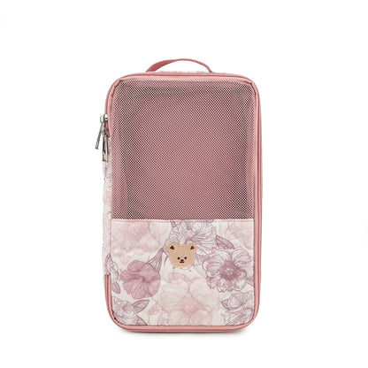 pink floral baby clothes organizer pouch with pink mesh storage panel embroidered bear patch and carry handle