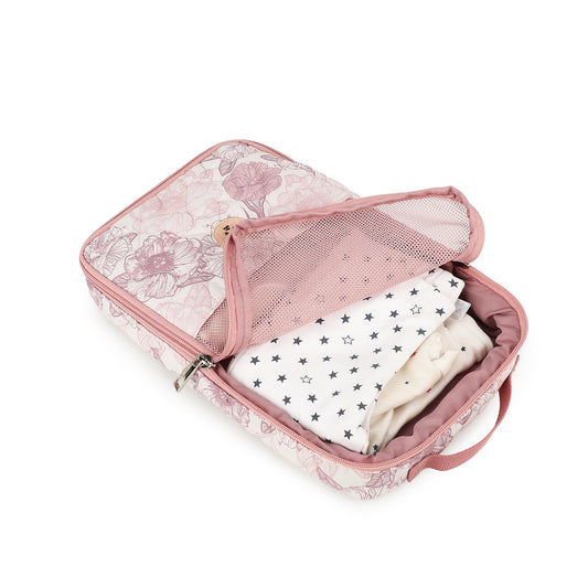 pink floral baby clothes organizer pouch open with mesh pocket folded baby clothes and zippered compartment