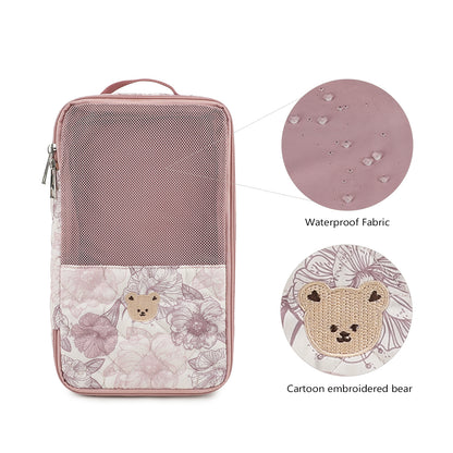 pink floral diaper bag organizer pouch with mesh front panel water-resistant fabric detail and embroidered bear motif