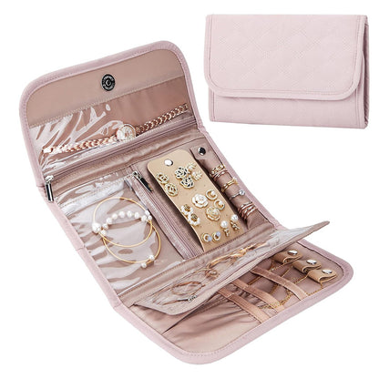 pink foldable travel jewelry storage pouch shown closed and open with transparent pockets earring organizer and ring straps