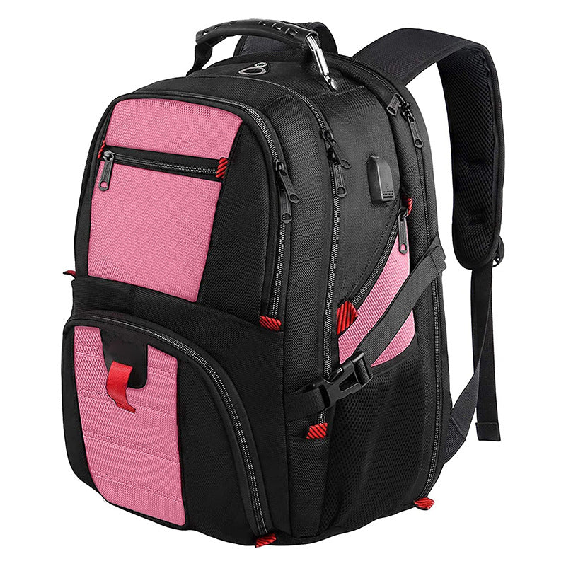 pink laptop backpack with ergonomic shoulder straps and large storage