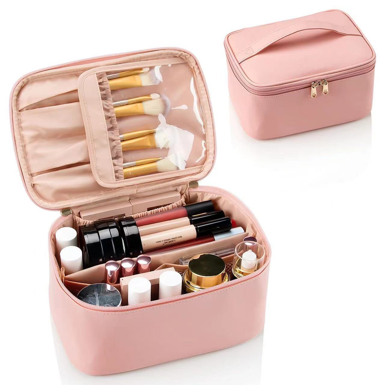 pink makeup bag with brush storage compartment