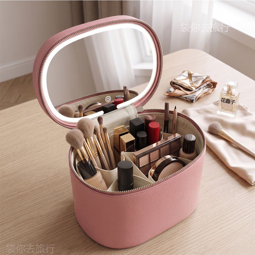 pink structured makeup organizer case with open mirror and divided compartments for cosmetic brushes