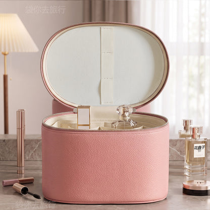 pink makeup organizer case without mirror showing open lid and divided storage for beauty products