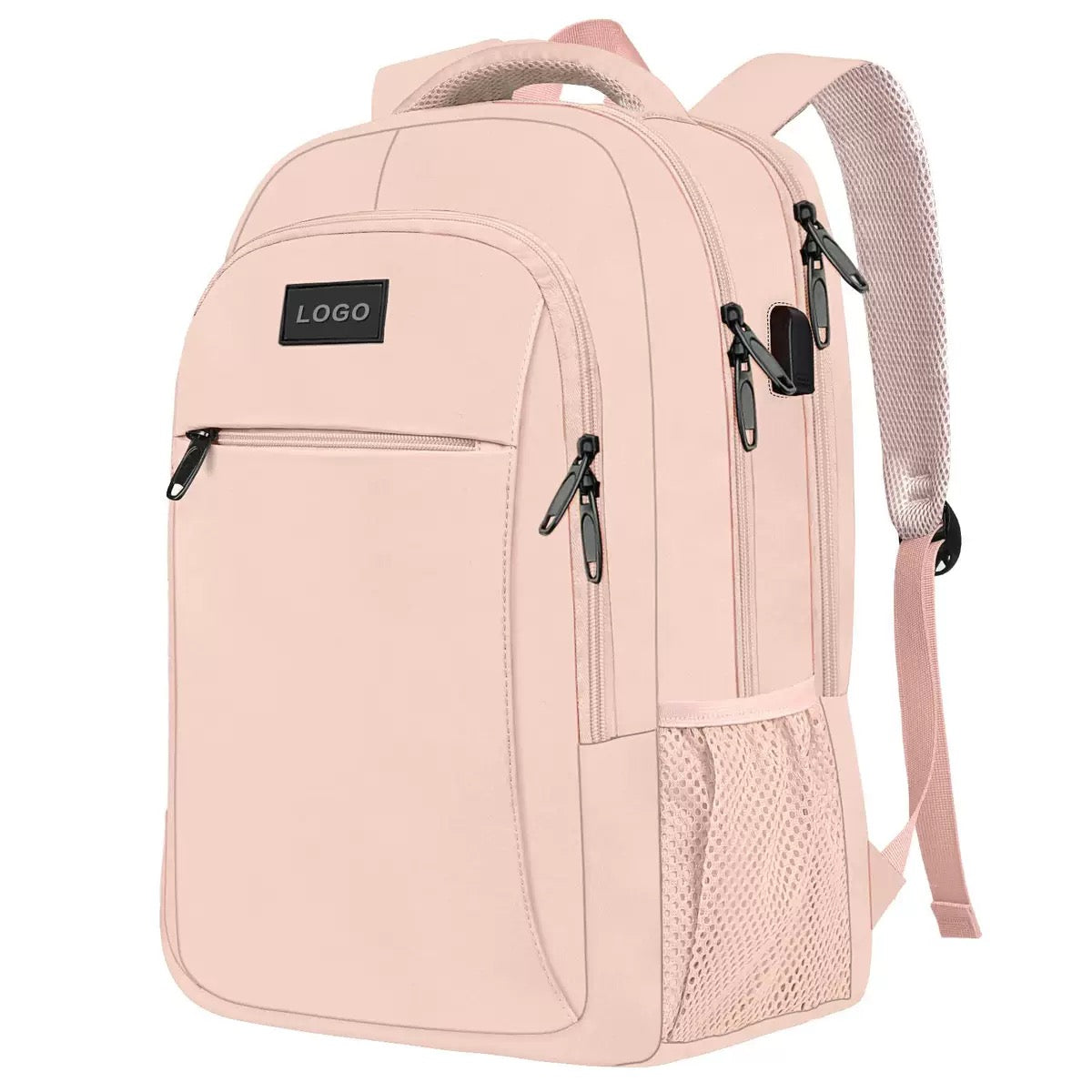 pink private label laptop backpack with multi compartment storage and adjustable padded shoulder straps