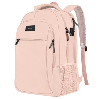 pink private label laptop backpack with multi compartment storage and adjustable padded shoulder straps