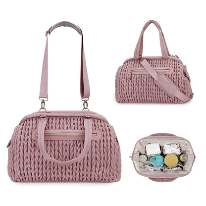 pink quilted diaper bag with top handles adjustable shoulder strap and organized baby storage