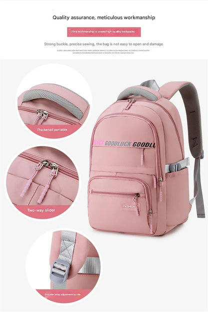 pink school backpack with durable zipper and adjustable shoulder straps