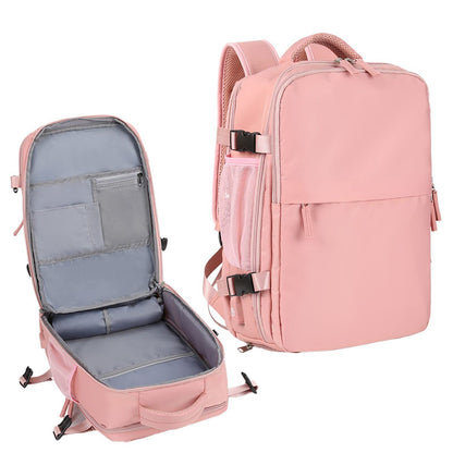 pink single pull travel backpack with laptop compartment