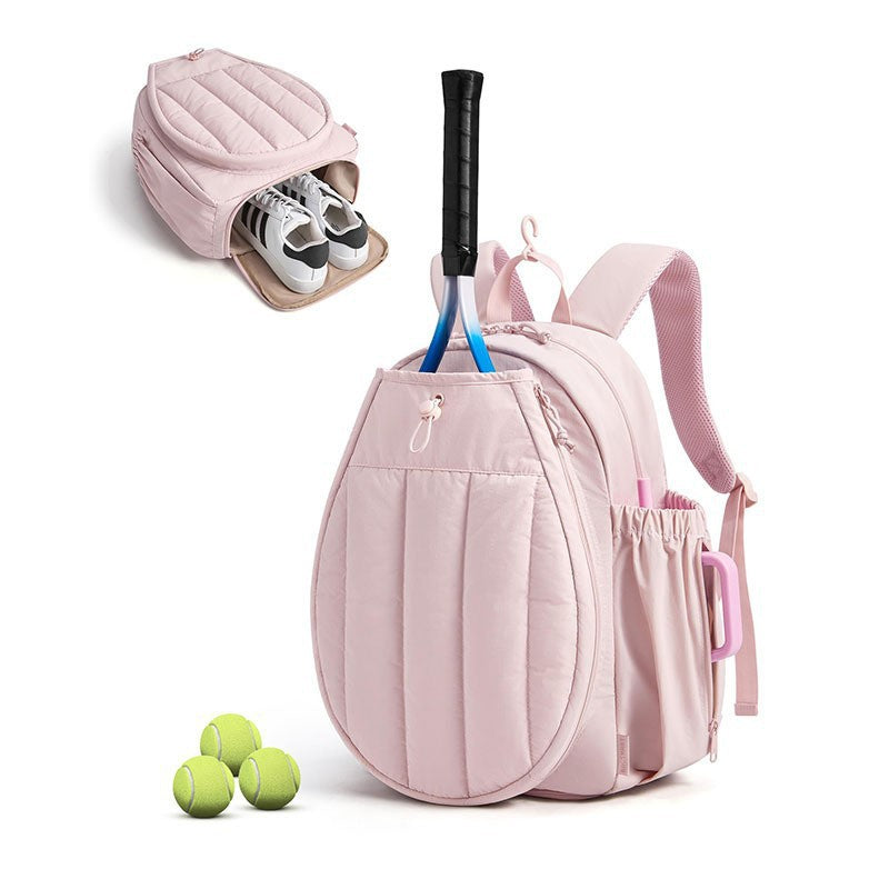 pink tennis and pickleball backpack with dedicated racket storage separate shoe compartment and side pockets