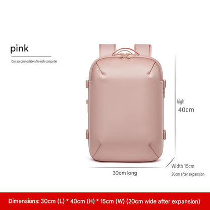 pink travel backpack measuring 30 x 40 x 15 cm and expanding to 20 cm deep