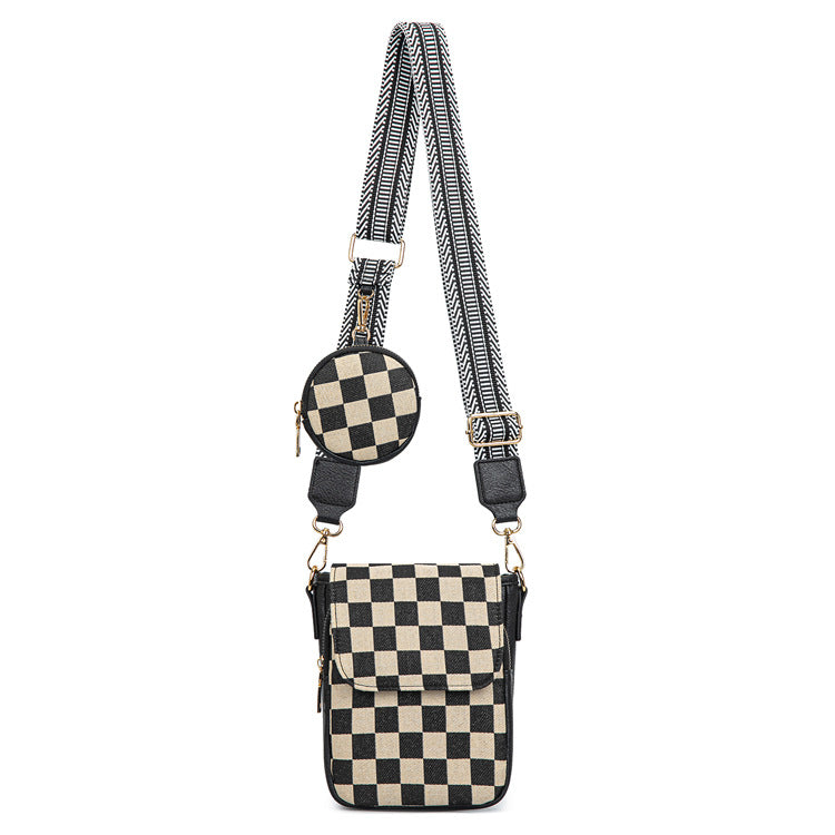plaid black checkered crossbody phone bag with contrasting strap detachable round coin purse and front flap