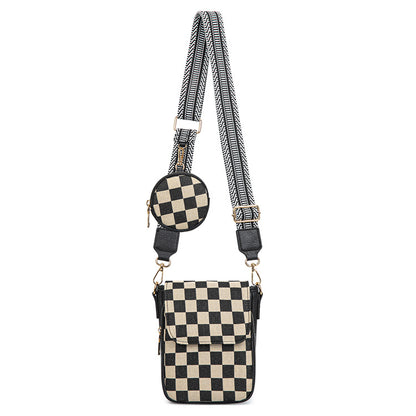 plaid black checkered crossbody phone bag with contrasting strap detachable round coin purse and front flap