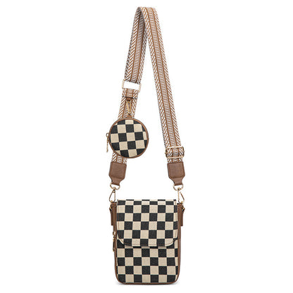 plaid brown crossbody phone bag with brown and black checkered body matching round coin purse and woven strap