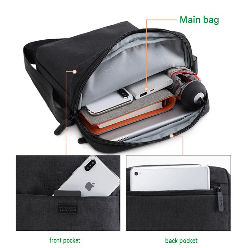 polyester crossbody bag pocket layout showing zippered main compartment front phone pocket and rear zipper pocket
