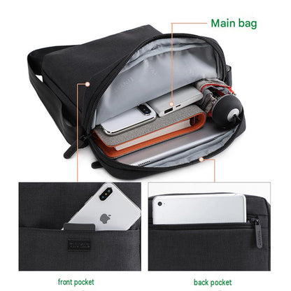 polyester crossbody bag pocket layout showing zippered main compartment front phone pocket and rear zipper pocket