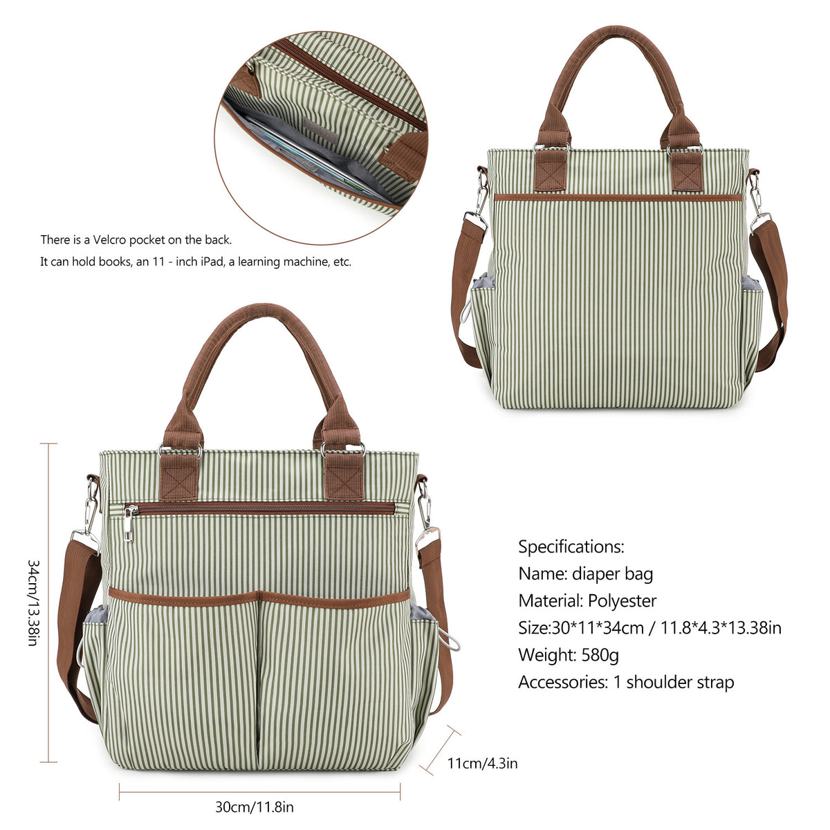 diaper tote bag size diagram showing 30 cm width 11 cm depth 34 cm height and rear hook and loop storage pocket