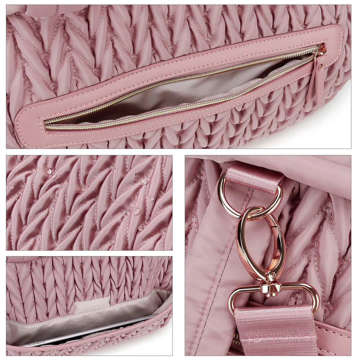 polyester diaper tote detail showing zipper pocket water-resistant quilted surface and metal strap hook
