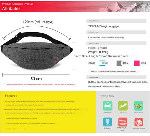 polyester waist bag reference specification graphic showing 31 cm width 13 cm height 12 cm depth approximately 120 g weight and adjustable 120 cm strap