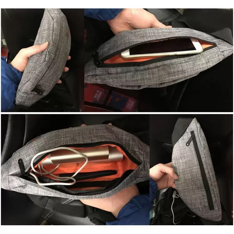 gray polyester waist bag detail photos showing zippered main compartment orange lining mobile phone power bank and charging cable storage
