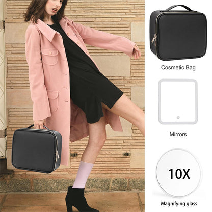 portable black makeup bag with led mirror and 10x magnifying mirror shown beside a hand carry lifestyle image