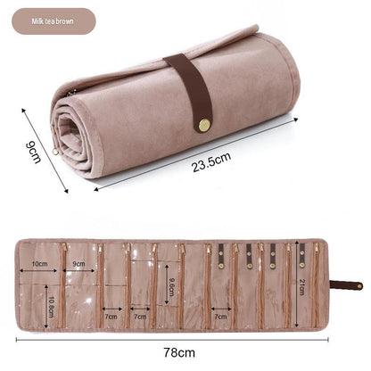 powder brown travel jewelry organizer showing rolled size 23.5 cm and 78 cm open layout with multiple clear zippered pockets