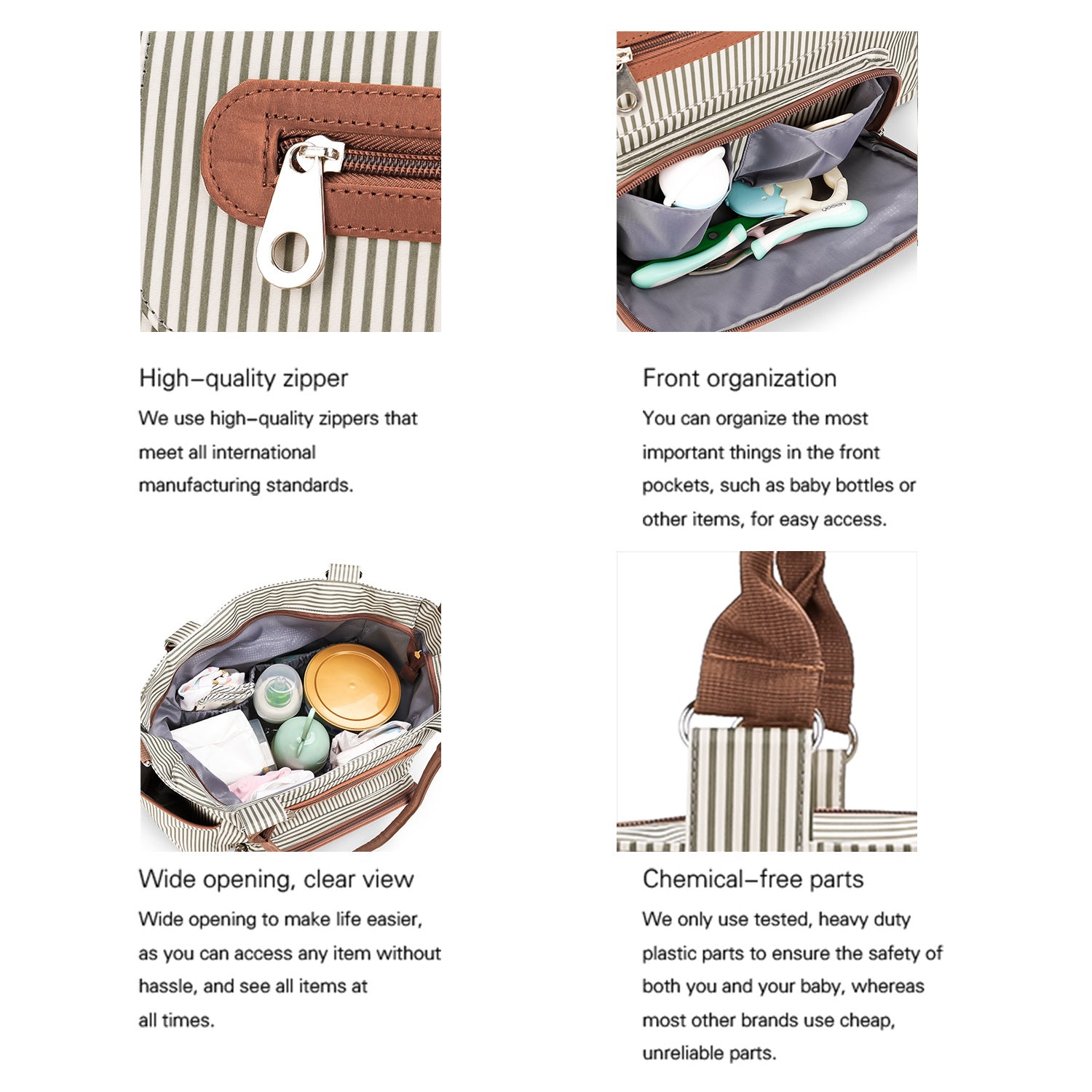 Premium diaper bag details including zipper front organizer and chemical-free hardware