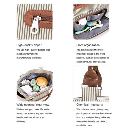 Premium diaper bag details including zipper front organizer and chemical-free hardware