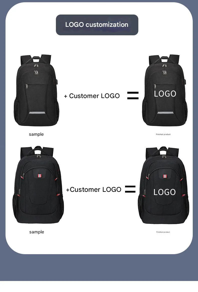 private label backpack logo placement example showing sample and finished branded product