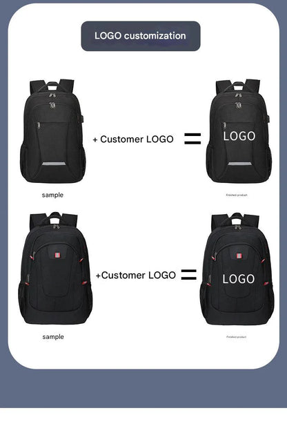 private label backpack logo placement example showing sample and finished branded product