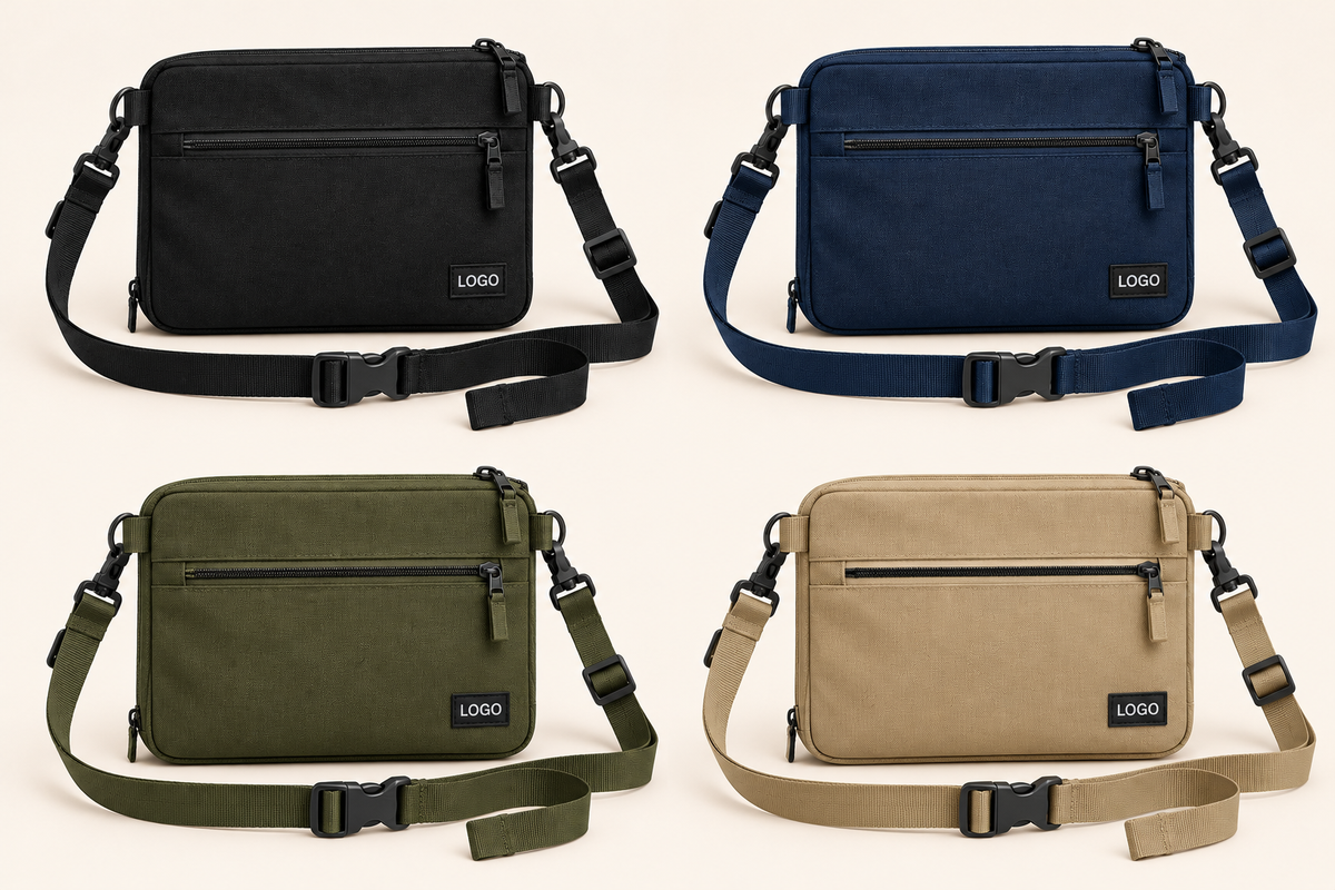 Private label crossbody bag shown in black, navy blue, olive green and khaki with matching detachable straps and front logo labels
