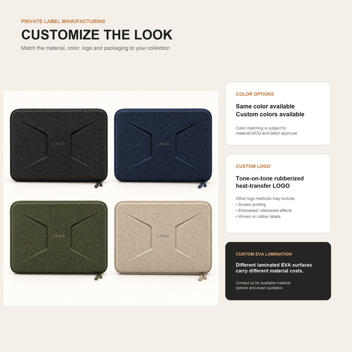 private label eva laptop sleeve customization showing four shell colors custom logo placement and laminated eva surface options