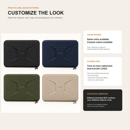 private label eva laptop sleeve customization showing four shell colors custom logo placement and laminated eva surface options