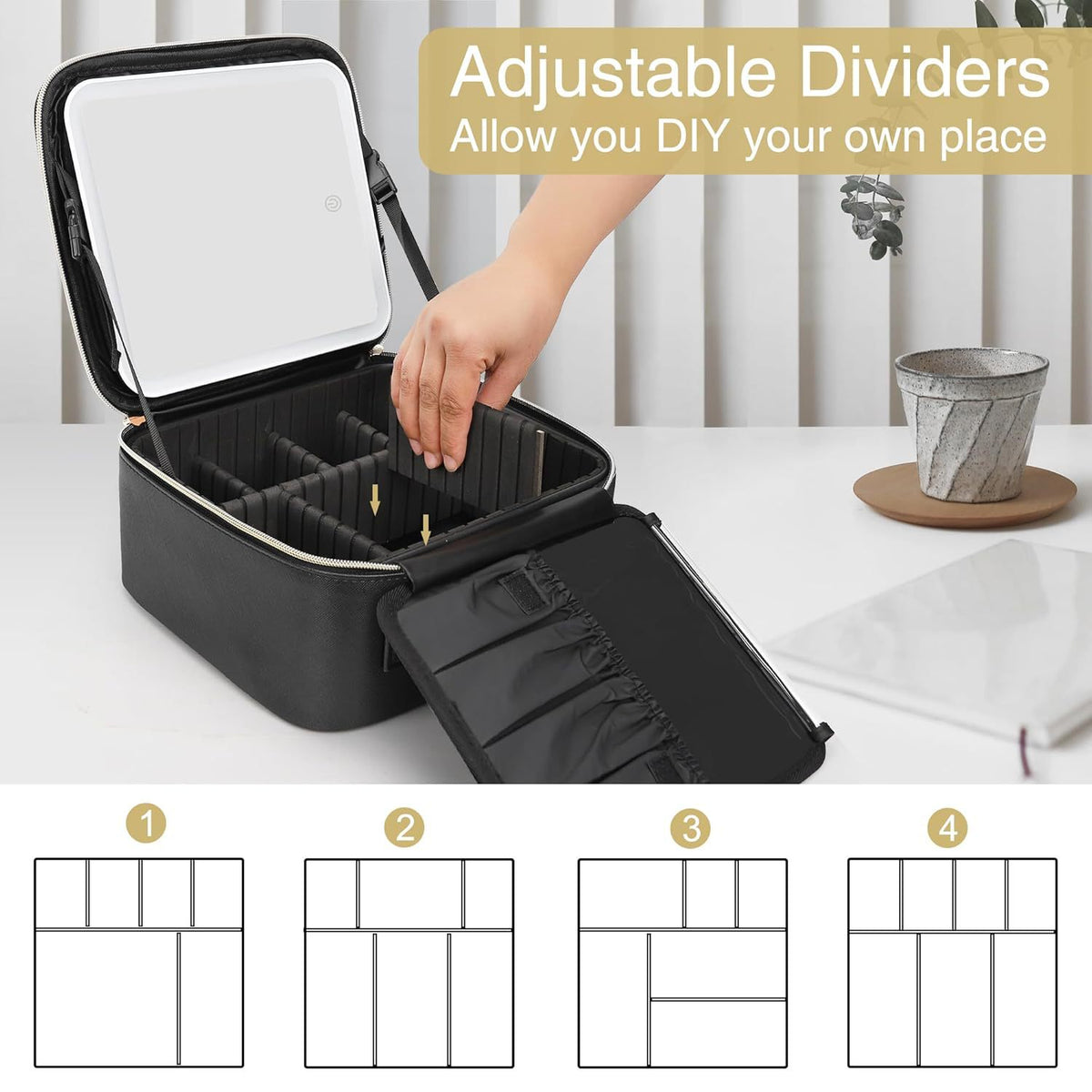 professional makeup bag with movable padded dividers and four illustrated compartment layouts for organizing cosmetics