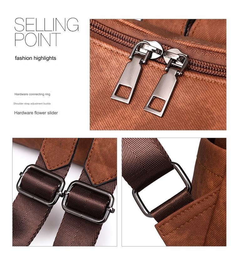 brown pu backpack detail showing detachable tassel decoration and two metal zipper pulls on main compartment