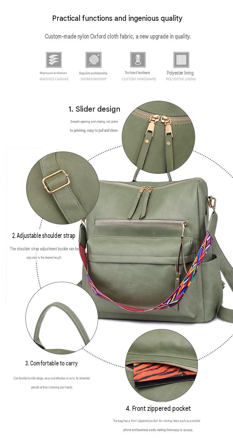 green pu womens backpack detail guide showing double zipper pulls adjustable shoulder strap buckle and front zipper pocket