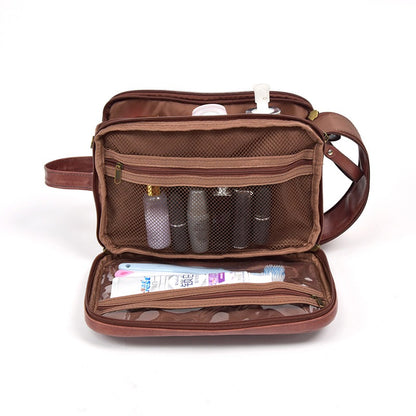 pu brown lay flat cosmetic bag interior with brush holders mesh pockets and organizers