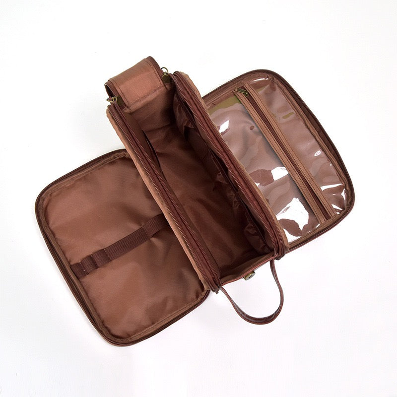 pu brown waterproof cosmetic bag compartment design for separating wet and dry items