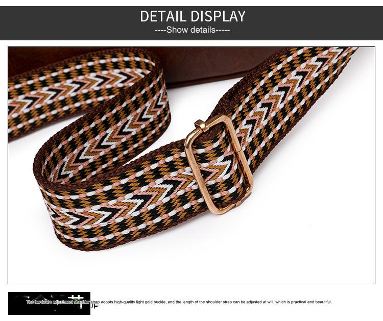close up of adjustable geometric patterned shoulder strap with gold tone metal slider buckle for pu crossbody bag